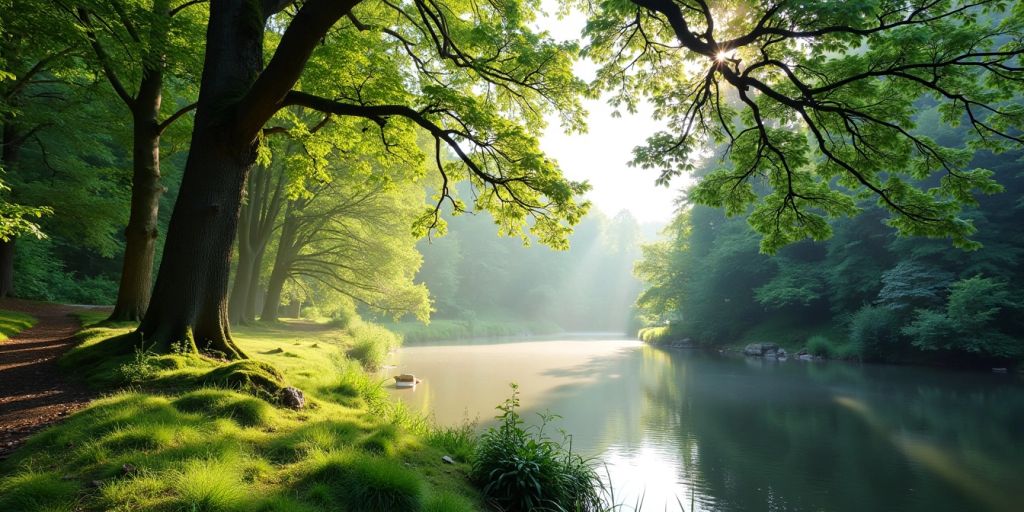 Lush green trees by a calm river in sunlight.