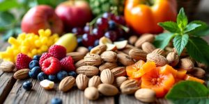 Colorful fruits and nuts on a wooden table.