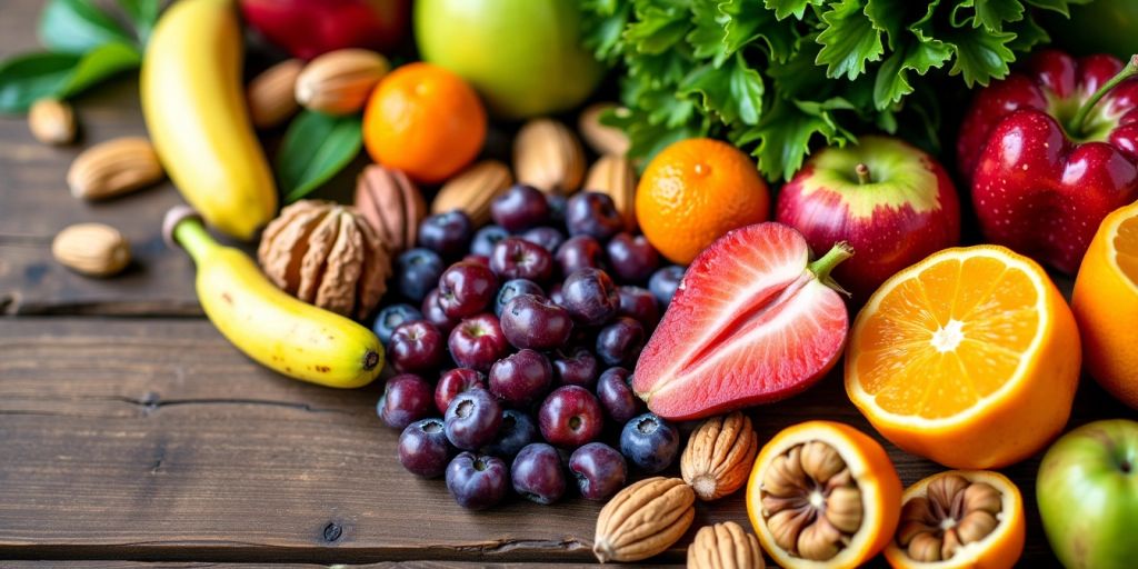 Colorful fruits and nuts promoting cognitive health.