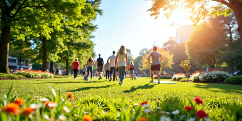 Sunlit park with green grass and blooming flowers.