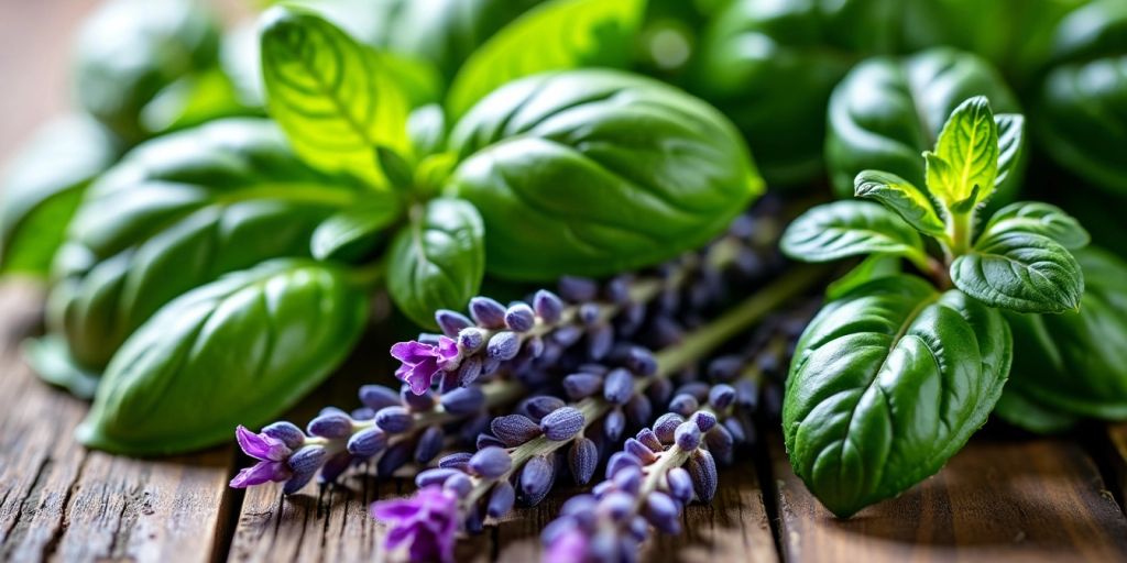 Colorful herbs on a wooden surface in natural light.