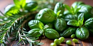 Fresh herbs on a wooden surface, showcasing vibrant colors.