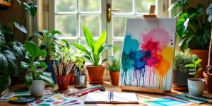 Colorful workspace with plants and art supplies.