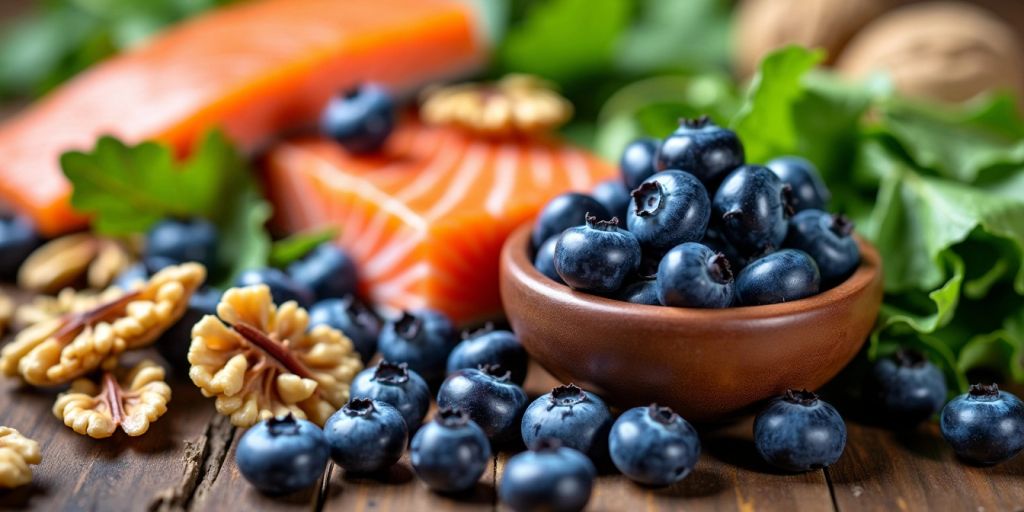 Colorful foods for brain health on a wooden table.